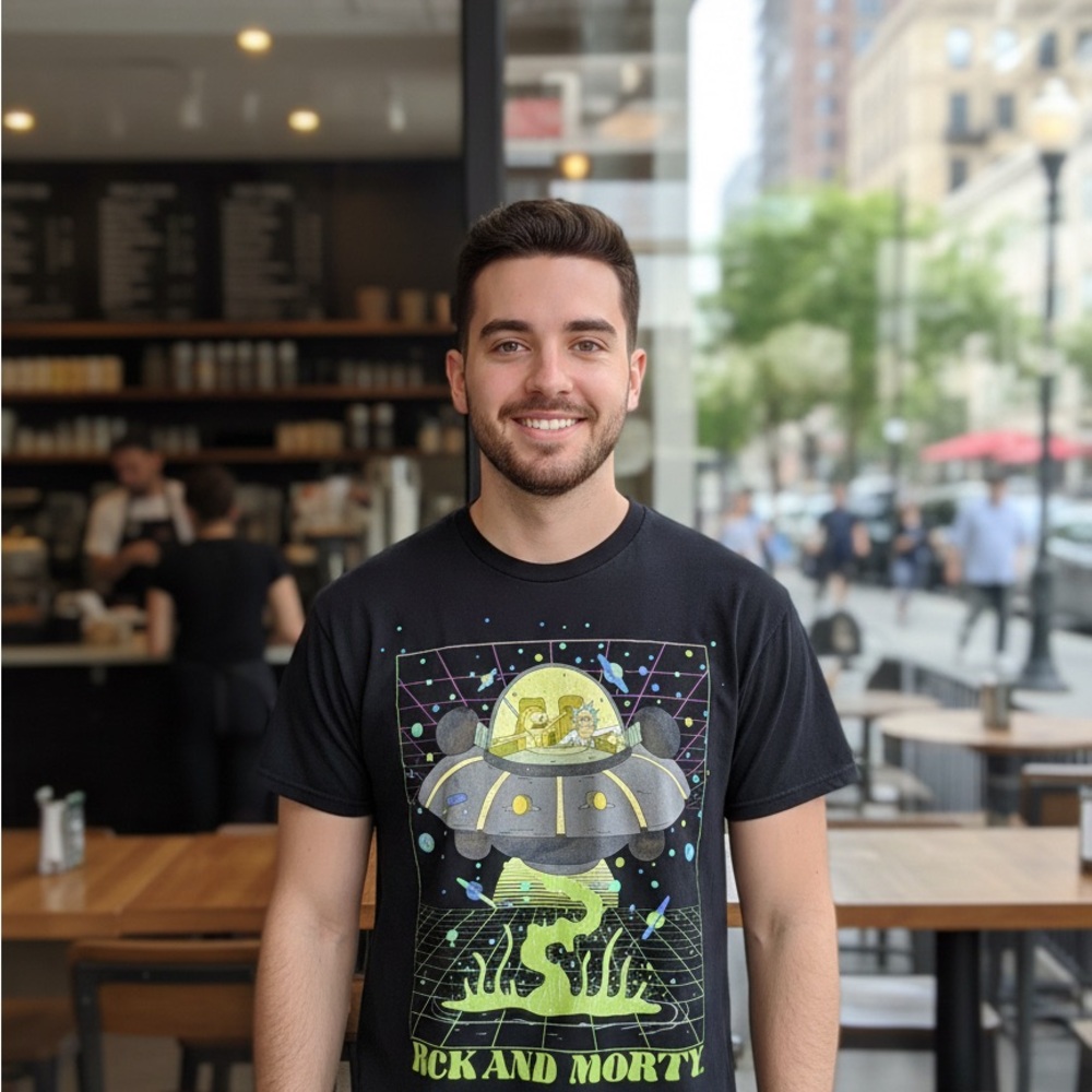Rick And Morty T-Shirt Adult [ M ] Black UFO Spaceship Graphic Cartoon Mens